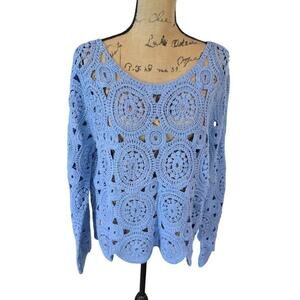 Ultra Pink Womens XL Crochet Medallion Long Sleeve Sweater Blue 100% Cotton NWT